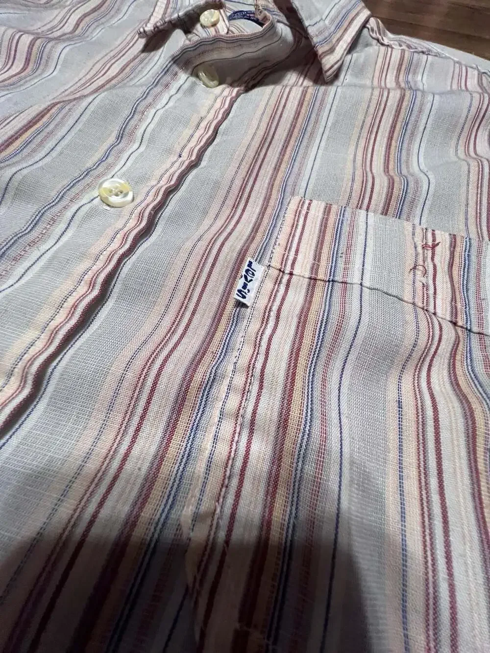 LEVI'S Men's Shirt Size L Striped Tan Cream Red Long Sleeve
